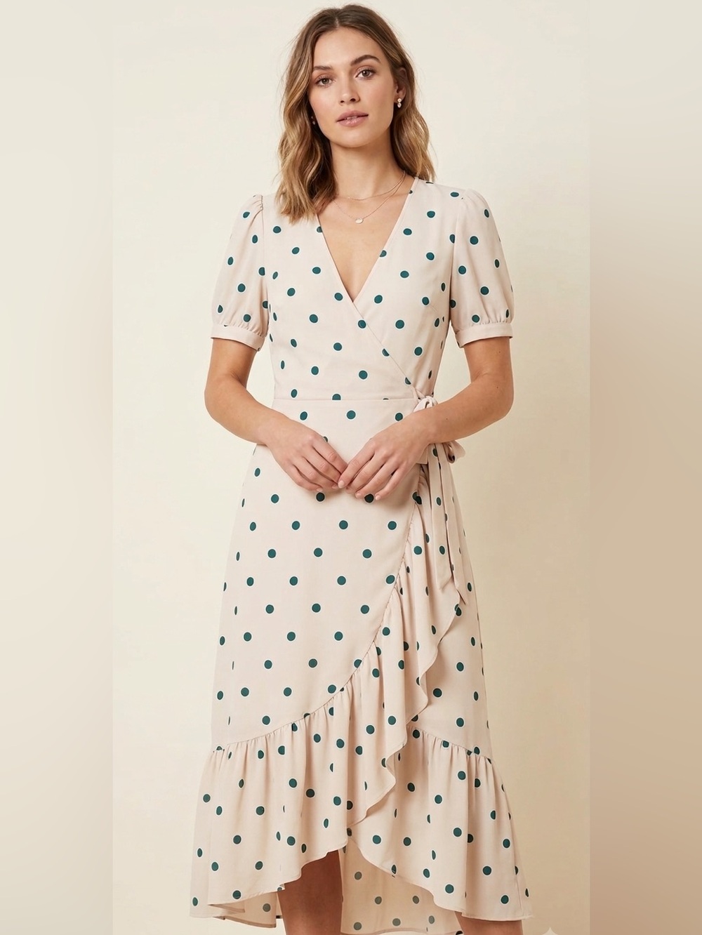 LC Lauren Conrad Cream Wrap Midi Dress with Green Polka Dots